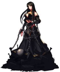 Rule 34 | 00s, 1girl, black eyes, black hair, breasts, chain, cleavage, dress, dungeon and fighter, female focus, metal ball, large breasts, simple background, solo, stakes