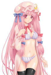 Rule 34 | 1girl, bad id, bad pixiv id, blush, bow, bra, female focus, hair ribbon, hat, lingerie, panties, patchouli knowledge, pink eyes, pink hair, pinkinfinity, ribbon, simple background, solo, striped bra, striped clothes, striped panties, thighhighs, touhou, underwear, undressing, white background