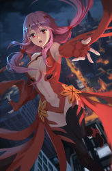 Rule 34 | 1girl, bare shoulders, breasts, center opening, detached sleeves, fingerless gloves, foreshortening, gloves, guilty crown, hair ornament, hairclip, highres, long hair, looking at viewer, medium breasts, open mouth, outstretched arm, outstretched hand, pink hair, reaching, reaching towards viewer, red eyes, solo, tienao, twintails, very long hair, yuzuriha inori