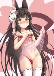 Rule 34 | 1girl, animal ear fluff, animal ears, azur lane, bare shoulders, bikini, black hair, blunt bangs, blush, commentary request, flat chest, fox ears, fox mask, hand on own chest, highres, lingerie, long hair, looking at viewer, mask, mask on head, nagato (azur lane), nagato (great fox&#039;s respite) (azur lane), navel, negligee, panties, panty slip, red bikini, red panties, see-through, shiny skin, solo, straight hair, strap slip, string panties, swimsuit, thighhighs, underwear, untied bikini, user ujzx4875, yellow eyes