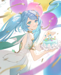 Rule 34 | 1girl, absurdres, backless dress, backless outfit, balloon, blue hair, cake, candle, commentary request, confetti, dress, eyelashes, faruzan (genshin impact), food, from side, genshin impact, green eyes, hair ornament, highres, holding, holding cake, holding food, icing, ikura kun, light blue hair, looking at viewer, looking to the side, parted lips, short sleeves, smile, solo, twintails, upper body, white dress