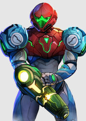 Rule 34 | 1girl, absurdres, arm cannon, armor, assault visor, hand on weapon, highres, looking at viewer, metroid, metroid dread, nintendo, power armor, power suit (metroid), samus aran, shoulder armor, weapon, white background, xuuikie ashe