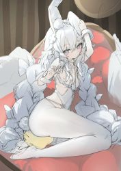 Rule 34 | 1girl, animal ears, ass, azur lane, blue eyes, blush, braid, breasts, closed mouth, commentary, couch, dd9, english commentary, fake animal ears, fake tail, hairband, highres, le malin (azur lane), le malin (listless lapin) (azur lane), leotard, long hair, looking at viewer, low twin braids, manjuu (azur lane), no shoes, official alternate costume, pantyhose, playboy bunny, rabbit ears, rabbit tail, sitting, sketch, small breasts, solo, tail, twin braids, very long hair, white leotard, white pantyhose, wrist cuffs