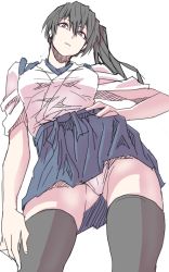 Rule 34 | 1girl, absurdres, arm at side, black hair, black thighhighs, blue hakama, blue skirt, breasts, brown eyes, contrapposto, from behind, gluteal fold, groin, hair between eyes, hakama, hakama skirt, hand on own hip, highres, japanese clothes, kaga (kancolle), kantai collection, kimuwaipu, looking at viewer, medium breasts, panties, shirt, short hair, side ponytail, skindentation, skirt, solo, thighhighs, thighs, underwear, upskirt, white background, white panties, white shirt