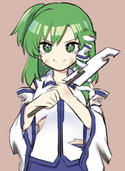 Rule 34 | 1girl, blue skirt, breasts, burnt clothes, closed mouth, collared vest, commentary request, crying, crying with eyes open, detached sleeves, dirty, dirty face, frog hair ornament, gohei, green eyes, green hair, hair ornament, hair tubes, highres, holding, kochiya sanae, long hair, long sleeves, looking at viewer, medium breasts, min1223, oonusa, pink background, simple background, skirt, smile, snake hair ornament, solo, star-shaped pupils, star (symbol), symbol-shaped pupils, tears, torn clothes, touhou, unfinished, upper body, v-shaped eyebrows, vest, white sleeves, white vest