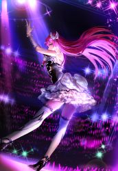 Rule 34 | 1girl, arm up, concert, contrapposto, floating hair, frilled skirt, frills, from behind, gloves, high heels, hojo sophy, irua, long hair, microphone, pretty series, pripara, purple eyes, purple hair, skirt, solo, sparkle, stage, standing, thighhighs, white gloves, white thighhighs