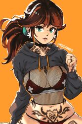Rule 34 | 1girl, alternate hairstyle, arm support, bra, breasts, brown hair, cleavage, clenched hand, clothes lift, fishnets, green eyes, highres, large breasts, legs, looking at viewer, mario (series), missfaves, nintendo, panties, parted lips, piercing, pink lips, ponytail, princess, princess daisy, pubic tattoo, sitting, solo, stomach tattoo, sweater, sweater lift, tattoo, thighs, underwear