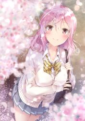 Rule 34 | 1girl, bag, blurry, blurry foreground, blush, breasts, brown eyes, cardigan, cherry blossoms, closed mouth, collarbone, collared shirt, commentary request, day, depth of field, fingernails, grey skirt, hair between eyes, highres, large breasts, long hair, long sleeves, original, outdoors, pink hair, pleated skirt, school bag, school uniform, shirt, skirt, sleeves past wrists, smile, solo, white shirt, yoshida iyo