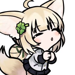 Rule 34 | 1girl, ahoge, animal ear fluff, animal ears, black skirt, blush, chibi, closed eyes, clover hair ornament, copyright request, dokomon, four-leaf clover hair ornament, fox ears, fox girl, fox tail, green ribbon, hair bun, hair ornament, hair ribbon, hairclip, hands up, highres, long sleeves, own hands together, parted lips, pleated skirt, ribbon, shirt, simple background, skirt, solo, tail, white background, white shirt