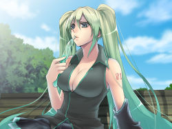 Rule 34 | 1girl, aqua eyes, aqua hair, breasts, cleavage, female focus, hatsune miku, ice, large breasts, long hair, nature, nicole pmonachi, outdoors, sitting, skirt, sky, solo, tupet, twintails, very long hair, vocaloid