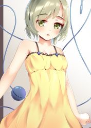 Rule 34 | 1girl, absurdres, armpit peek, bare shoulders, blush, breasts, cleavage, commentary request, dress, green eyes, green hair, heart, highres, komeiji koishi, lips, looking at viewer, mantou xiang, open mouth, shiny skin, small breasts, solo, third eye, touhou, yellow dress