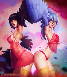 Rule 34 | 2019, 2girls, alternate hair length, alternate hairstyle, armpits, ass, ass-to-ass, black hair, black wings, blue eyes, blue hair, blue wings, blush, bra, breasts, covered erect nipples, cowboy shot, crossover, dark souls (series), dark souls iii, dated, feathered wings, feathers, from side, hair between eyes, harpy, heart, highres, licking lips, lingerie, long hair, looking at viewer, monster girl, monster musume no iru nichijou, multiple girls, one eye closed, panties, papi (monster musume), parted lips, pickle pee pump-a-rum crow, realistic, red bra, red panties, see-through, short hair, signature, small breasts, themaestronoob, thighs, tongue, tongue out, trait connection, underwear, watermark, web address, winged arms, wings, yellow eyes