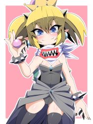 Rule 34 | 1girl, black thighhighs, blonde hair, bowser jr., bowsette jr., bracelet, child, crown, fang, fang out, highres, horns, jewelry, leotard, mario (series), new super mario bros. u deluxe, nintendo, pointy ears, short twintails, smile, solo, spiked bracelet, spikes, super crown, super mario bros. 1, tagme, thighhighs, twintails