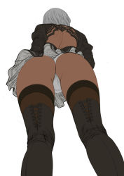 Rule 34 | absurdres, ass, back, flat color, from below, graphite (medium), highres, juan romero, kneepits, miniskirt, nier (series), nier:automata, panties, pantyshot, pleated skirt, simple background, skirt, solo, standing, thighhighs, thong, traditional media, underwear, unfinished, upskirt, white background, white panties, 2b (nier:automata)