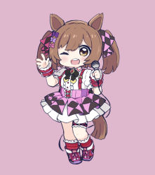 Rule 34 | 1girl, :d, ;d, animal ears, black bow, blush, bow, brown eyes, brown hair, center frills, chibi, collared shirt, cropped torso, ear bow, frilled socks, frills, gloves, hair bow, hands up, highres, holding, holding microphone, horse ears, horse girl, horse tail, jacket, long hair, long sleeves, looking at viewer, microphone, multiple girls, nozo (hitomiz), one eye closed, open mouth, pink background, pink bow, pink skirt, pleated skirt, puffy short sleeves, puffy sleeves, purple bow, purple footwear, red bow, red socks, shirt, shoes, short sleeves, simple background, skirt, sleeveless, sleeveless shirt, sleeves past wrists, smart falcon (umamusume), smile, socks, solid oval eyes, solo, striped clothes, striped socks, suspender skirt, suspenders, tail, teeth, twintails, umamusume, upper body, upper teeth only, white shirt, wrist cuffs