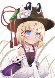 Rule 34 | 1girl, absurdres, adapted costume, bare shoulders, blonde hair, blue eyes, blunt bangs, blush, breasts, detached sleeves, feet out of frame, grass, grey background, hat, highres, looking at viewer, medium hair, moriya suwako, neck tassel, no noru, petite, purple vest, simple background, small breasts, smile, solo, squatting, thighhighs, touhou, vest, white thighhighs, yin yang, yin yang print