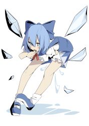 Rule 34 | 1girl, arudente, bad id, bad pixiv id, bloomers, blue eyes, blue hair, blush, blush stickers, bow, cirno, collared shirt, dress, hair bow, hair ribbon, ice, ice wings, large bow, leaning forward, licking, licking finger, looking at viewer, mary janes, matching hair/eyes, ribbon, shirt, shoes, short hair, socks, solo, touhou, underwear, wings