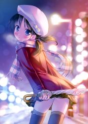 Rule 34 | 1girl, absurdres, black thighhighs, blue eyes, blurry, bokeh, breath, brown eyes, clothes lift, depth of field, hat, highres, huge filesize, leaning forward, long hair, looking back, low twintails, original, parted lips, plaid, plaid scarf, plaid skirt, pleated skirt, scan, scarf, skirt, skirt lift, solo, takoyaki (roast), thighhighs, twintails, umbrella