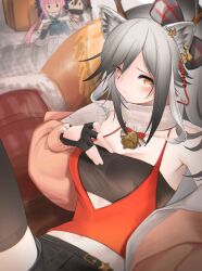 Rule 34 | 1girl, absurdres, animal ears, arknights, bandeau, bell, black bandeau, black gloves, black skirt, black thighhighs, blush, breasts, cat ears, cat girl, ceylon (arknights), character doll, cleavage, fingerless gloves, gloves, grey hair, highres, looking at viewer, medium breasts, neck bell, official alternate costume, reclining, red shirt, revision, scarf, schwarz (arknights), schwarz (presents) (arknights), shirt, skirt, solo, thighhighs, upper body, white scarf, yellow eyes, yunnasu