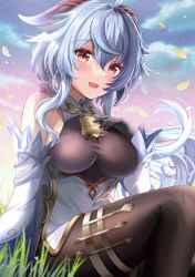 Rule 34 | 1girl, ahoge, bare shoulders, bell, black gloves, blue hair, blue sky, blush, bodystocking, breasts, brown pantyhose, detached sleeves, dress, ganyu (genshin impact), genshin impact, gloves, grass, horns, izumi akane, large breasts, long hair, looking at viewer, open mouth, pantyhose, purple eyes, sitting, sky, smile, solo, thighs, white dress