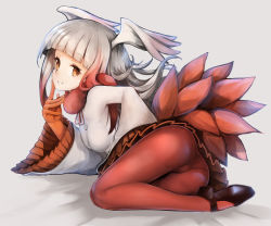 Rule 34 | 10s, 1girl, ass, black footwear, blunt bangs, blush, breasts, frilled sleeves, frills, gloves, hachachi, head wings, japanese crested ibis (kemono friends), kemono friends, long hair, long sleeves, looking at viewer, lying, multicolored hair, panties, panties under pantyhose, pantyhose, pleated skirt, red hair, red pantyhose, shirt, shoes, simple background, skirt, small breasts, smile, solo, tail, two-tone hair, underwear, white hair, white shirt, wings