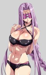 Rule 34 | 1girl, arm behind back, bare shoulders, bikini, black bikini, blindfold, braid, breasts, cleavage, covered erect nipples, cowboy shot, facial mark, fate/stay night, fate (series), forehead mark, grey background, halterneck, highres, large breasts, lips, long hair, medusa (fate), medusa (rider) (fate), navel, parted lips, playing with own hair, purple hair, shiny clothes, shiny skin, simple background, single braid, solo, standing, swimsuit, very long hair, wankoro mochi