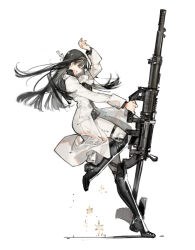 Rule 34 | 1girl, arm up, belt, black belt, black footwear, black hair, boots, character request, closed eyes, copyright request, full body, holding, holding weapon, jacket, long hair, long sleeves, pants, sidelocks, simple background, smile, solo, standing, standing on one leg, starshadowmagician, thigh boots, weapon, white background, white jacket, white pants