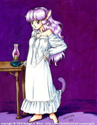 Rule 34 | 00s, 1girl, 2002, animal ears, barefoot, bewildered, breasts, candle, cat ears, cat girl, cat tail, cleavage, collarbone, hand on own hip, long hair, long sleeves, looking at viewer, medium breasts, nightgown, purple eyes, purple hair, solo, standing, table, tail, traditional media, white nightgown