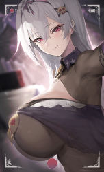 Rule 34 | 1girl, black bodysuit, blurry, blurry background, blush, bodysuit, breasts, commentary request, depth of field, grey hair, hair between eyes, hair ornament, hair ribbon, haoni, highres, huge breasts, long hair, looking at viewer, mole, mole under eye, original, paid reward available, parted lips, red eyes, ribbon, selfie, skull hair ornament, smile, solo, striped ribbon, viewfinder