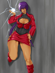 Rule 34 | 1girl, alternate color, boots, breasts, cleavage, cleavage cutout, clothing cutout, cropped jacket, dark persona, dark skin, dark-skinned female, electricity, energy ball, hair over eyes, hand on own hip, hdkg, jacket, large breasts, leotard, lips, long hair, miniskirt, open clothes, open jacket, orochi shermie, purple hair, shermie (kof), skindentation, skirt, snk, solo, the king of fighters, thick thighs, thighs, twintails