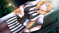 Rule 34 | 1girl, ;), against wall, aqua eyes, blonde hair, breasts, covered erect nipples, daiunji eru, drill hair, dutch angle, flower, game cg, hair flower, hair ornament, highres, impossible clothes, impossible shirt, large breasts, long hair, looking at viewer, night, one eye closed, p/a ~potential ability~, pantyhose, sei shoujo, shirt, short sleeves, skirt, smile, solo, swept bangs, wallpaper, wristband