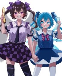 Rule 34 | 2girls, :d, black necktie, black thighhighs, blue bow, blue eyes, blue hair, blue shirt, blue skirt, blue vest, bow, cellphone, checkered clothes, checkered skirt, cirno, collared shirt, commentary, cosplay, detached wings, grin, hair bow, hat, himekaidou hatate, himekaidou hatate (cosplay), holding, holding hands, holding phone, ice, ice wings, looking at another, medium hair, mikan (manmarumikan), miniskirt, multiple girls, necktie, open mouth, phone, pink necktie, pink shirt, purple bow, purple eyes, purple headwear, purple shirt, shirt, short hair, simple background, skirt, smile, standing, thighhighs, tokin hat, touhou, twintails, two side up, vest, white background, white thighhighs, wings