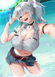 Rule 34 | 1girl, absurdres, arm strap, bare shoulders, belt, black choker, blue skirt, blush, breasts, brown belt, choker, cleavage, collarbone, crossed bangs, green eyes, hand up, highres, in water, large breasts, long hair, looking at viewer, masaki nanaya, navel, one eye closed, open mouth, original, outdoors, partially unbuttoned, pleated skirt, ponytail, shirt, silver hair, skirt, sleeveless, smile, solo, wading, water, white shirt