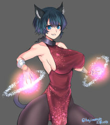Rule 34 | 1girl, animal ears, bare shoulders, blue eyes, breasts, cat ears, cat tail, chain, collar, earrings, grey background, grin, highres, jewelry, large breasts, looking at viewer, miura hajime, original, pantyhose, short hair, sideboob, simple background, slit pupils, smile, solo, tail, thighs, twitter username