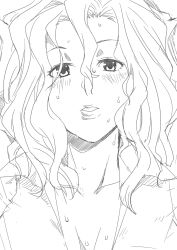 Rule 34 | 1girl, amagami, blush, breasts, cleavage, close-up, collarbone, dress shirt, eyelashes, facing viewer, greyscale, hair between eyes, hatching (texture), linear hatching, lips, long hair, looking at viewer, messy hair, mojimojiable, monochrome, open clothes, open shirt, shirt, simple background, sketch, solo, sweat, tanamachi kaoru, upper body, white background