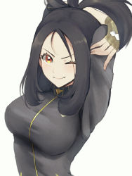 Rule 34 | 1girl, ;), black hair, blush, breasts, brown eyes, closed mouth, commentary request, creatures (company), dendra (pokemon), eyelashes, fingerless gloves, game freak, gloves, highres, jacket, large breasts, nintendo, one eye closed, pokemon, pokemon sv, simple background, smile, solo, stretching, upper body, ura (hamburg oniku), white background