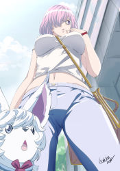 Rule 34 | 1girl, 2018, alternate costume, bag, between breasts, black-framed eyewear, blue sky, breasts, cloud, commentary request, creature, dated, day, denim, fate/grand order, fate (series), finger to mouth, fou (fate), from below, glasses, hair over one eye, handbag, highres, jeans, kibidango 14-gou, large breasts, mash kyrielight, midriff peek, navel, outdoors, pants, purple eyes, purple hair, red neckwear, short hair, sky, solo, standing, strap between breasts, watch, wristwatch