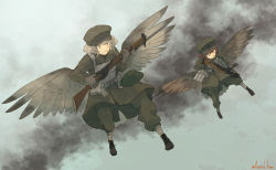 Rule 34 | 2girls, ammunition pouch, asterisk kome, bayonet, blonde hair, boots, brodie helmet, combat helmet, cross-laced footwear, flying, gloves, goggles, goggles on headwear, gun, hat, helmet, lace-up boots, military, military uniform, multiple girls, original, pouch, rifle, short hair, signature, sky, smoke, submachine gun, uniform, weapon, weapon request, wings