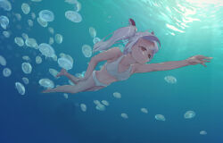Rule 34 | 1girl, absurdres, air bubble, azur lane, breasts, bubble, blowing bubbles, chinese commentary, cleavage, commentary request, diving, full body, hairband, halter bikini, highres, jellyfish, konbix, laffey (azur lane), long hair, medium breasts, submerged, swimming, swimsuit, underwater, white hair