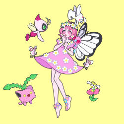 Rule 34 | 1boy, :d, :o, barefoot, blue flower, butterfree, celebi, creatures (company), crossdressing, crossover, cutiefly, dress, flabebe, floral print, flower, flower wreath, full body, game freak, gen 1 pokemon, gen 2 pokemon, gen 6 pokemon, gen 7 pokemon, hands up, head wreath, highres, hoppip, king of prism, legendary pokemon, male focus, mythical pokemon, nintendo, nyaasechan, open mouth, pink dress, pink eyes, pink hair, pokemon, pretty rhythm, pretty series, saionji leo, short hair, simple background, smile, solo, standing, togetic, trap, white flower, yellow background