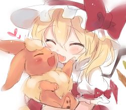 Rule 34 | 1girl, animal ears, blonde hair, blush, closed eyes, creatures (company), crossover, crystal, flandre scarlet, flareon, game freak, gen 1 pokemon, hat, hat ribbon, heart, lowres, mob cap, nintendo, open mouth, paragasu (parags112), pokemon, pokemon (creature), ponytail, puffy sleeves, ribbon, short sleeves, side ponytail, simple background, smile, touhou, upper body, vest, white background, wings, wrist cuffs