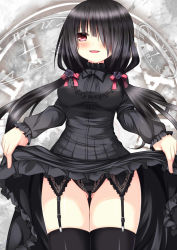 Rule 34 | 10s, 1girl, :d, black hair, blush, clock, clothes lift, date a live, dress, dress lift, flower, from below, garter straps, hair flower, hair ornament, hair over one eye, hairband, highres, lifted by self, long hair, long sleeves, looking at viewer, nyarumi (buluerose), open mouth, red eyes, ribbon, roman numeral, rose, smile, solo, standing, thighhighs, tokisaki kurumi, twintails