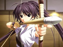 Rule 34 | 1girl, ahoge, archery, arrow (projectile), bow (weapon), drawing bow, foreshortening, game cg, gloves, holding bow (weapon), kyuudou, long hair, matsuo yukihiro, memories off, memories off 2nd, muneate, partially fingerless gloves, partly fingerless gloves, single glove, solo, suzuna takano, upper body, weapon, yugake