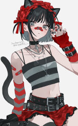 Rule 34 | 1girl, absurdres, animal ear hairband, animal ears, arm support, arm warmers, bandaid, bandaid on face, bandaid on nose, belt, black belt, black camisole, black choker, black hair, black nails, blush, bow, breasts, buckle, camisole, cat ear hairband, cat ears, cat tail, choker, closed mouth, commentary request, cowboy shot, crop top, cross, fake animal ears, fake tail, frilled skirt, frills, grey eyes, hairband, highres, jewelry, lolita hairband, looking at viewer, midriff, miniskirt, multicolored nails, multiple rings, nail polish, navel, necklace, o-ring, o-ring choker, original, paw pose, red bow, red nails, red skirt, ring, saturn (planet), short hair, sidelocks, simple background, skirt, small breasts, solo, spaghetti strap, studded belt, tail, temu (tem27), twitter username, two side up, white background, wide-eyed