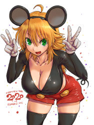 Rule 34 | 1girl, 2020, ahoge, amania orz, black thighhighs, blonde hair, breasts, chinese zodiac, cleavage, confetti, copyright request, cosplay, disney, double w, gloves, green eyes, grey gloves, hair between eyes, happy new year, highres, hoshii miki, idolmaster, idolmaster (classic), large breasts, long hair, mickey mouse, mickey mouse (cosplay), midriff, new year, red shorts, shorts, solo, thighhighs, w, white background, year of the rat
