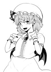 Rule 34 | 1girl, absurdres, bat wings, blush, bow, brooch, cowboy shot, fang, greyscale, hat, hat bow, highres, himajin noizu, jewelry, looking at viewer, mob cap, monochrome, open mouth, pointy ears, remilia scarlet, short hair, short sleeves, simple background, skirt, solo, touhou, white background, wings