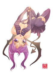 Rule 34 | 1girl, breasts, cleavage, demon girl, elbow gloves, gloves, large breasts, miniskirt, nipples, original, pointy ears, purple eyes, purple hair, shiny clothes, skirt, slit pupils, solo, sonobe kazuaki, tail, thighhighs, twintails, upside-down