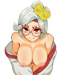 Rule 34 | 1girl, breasts, closed mouth, coat, coat partially removed, collarbone, eyeshadow, female focus, from above, glasses, goggles, goggles on head, hair bun, highres, large breasts, looking at viewer, makeup, naked coat, nintendo, nipples, onihara1024, purah, red-framed eyewear, red eyes, red eyeshadow, round eyewear, short hair, simple background, smile, solo, the legend of zelda, the legend of zelda: tears of the kingdom, upper body, white background, white hair