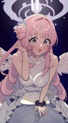 Rule 34 | 1girl, 1other, angel wings, blue archive, blush, breasts, dress, feathered wings, hair bun, halo, highres, long hair, medium breasts, mika (blue archive), open mouth, pink hair, pink halo, saionji mayoi, single side bun, sleeveless, sleeveless dress, white dress, white wings, wings, yellow eyes