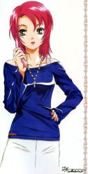 Rule 34 | 00s, blouse, blue shirt, casual, cellphone, fukano youichi, jewelry, my-hime, my-otome, necklace, phone, red hair, shirt, solo, yuuki nao